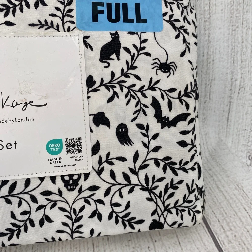 London Kaye Sheet Set Full White Black Halloween Cat Skull Ghost Bat Microfiber
